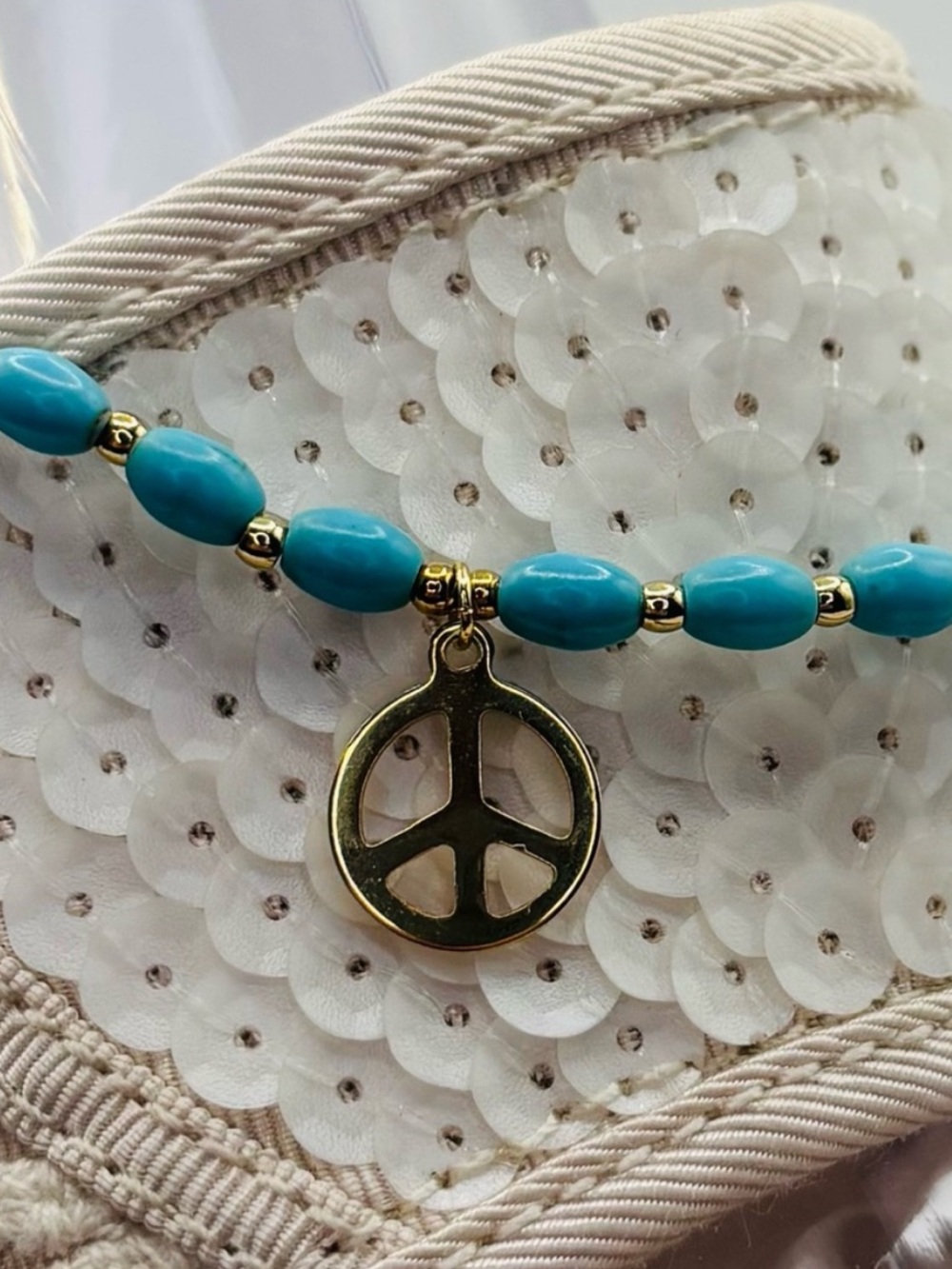 *ANKLET* S.Steel Peace Charm & Dyed Turquoise Stretchy Anklet - Picture 6 of 7